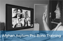 [ai] A person waving at a group of people on a video call displayed on a computer screen. The chat participants are smiling and engaged in conversation. A banner at the bottom reads 'Afghan Asylum Pro Bono Training.'